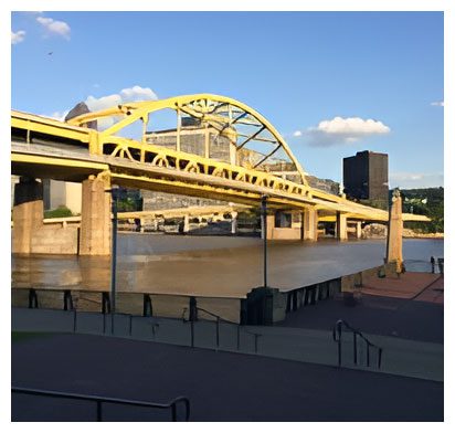 A bridge with yellow painted arches over it.