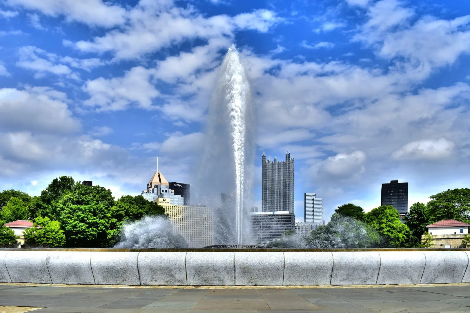 A large fountain is spraying water into the air.