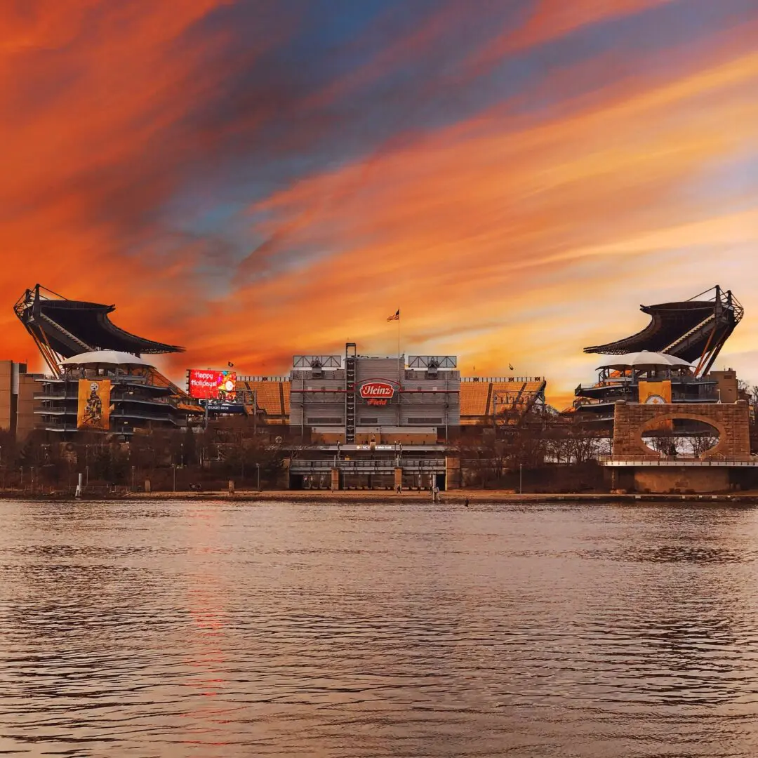 A view of the stadium from across the water.