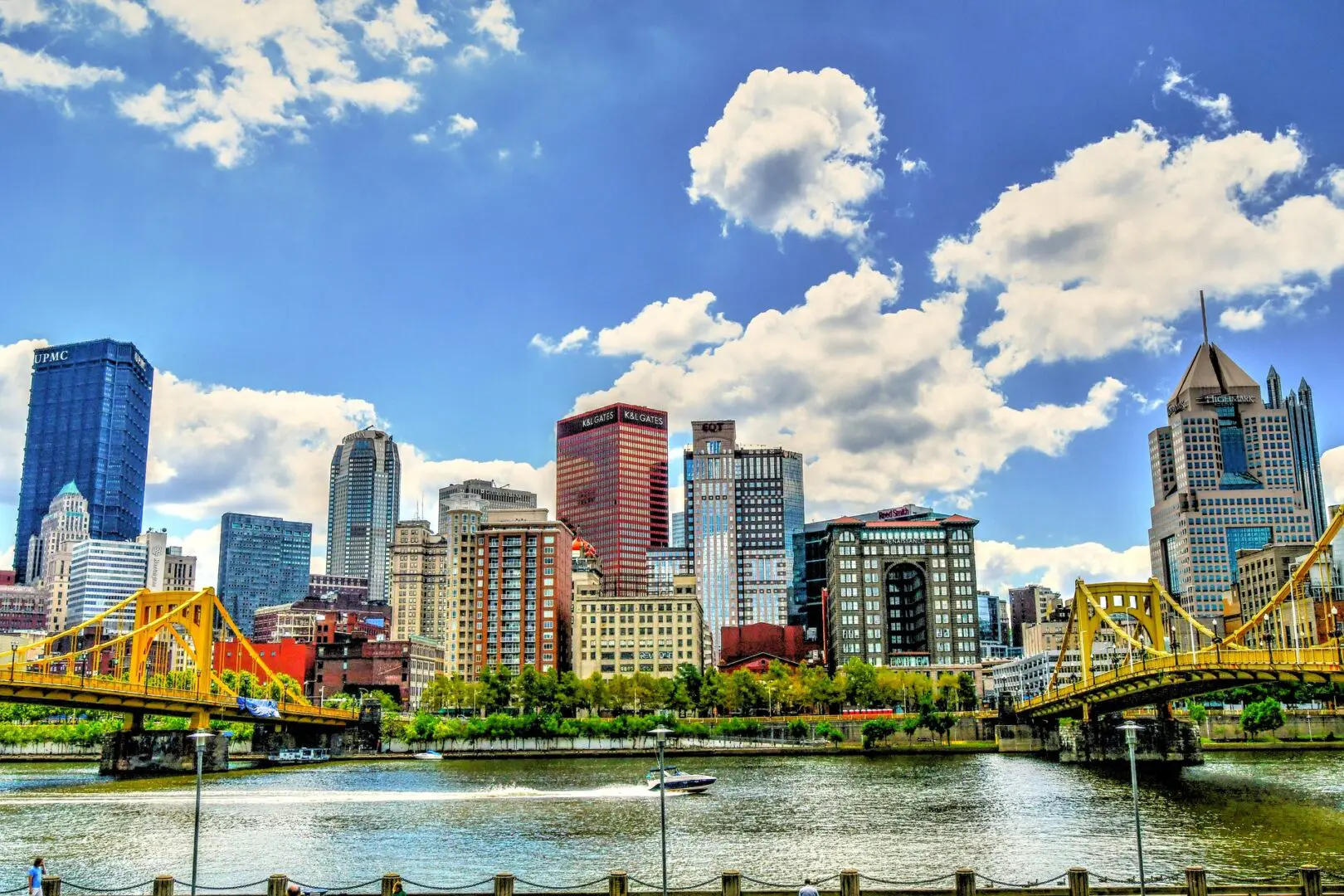 A view of the city skyline from across the river.